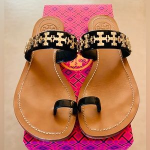 Tory Burch Val Patent Flat Sandal - Size 7 - Black/Gold - Used